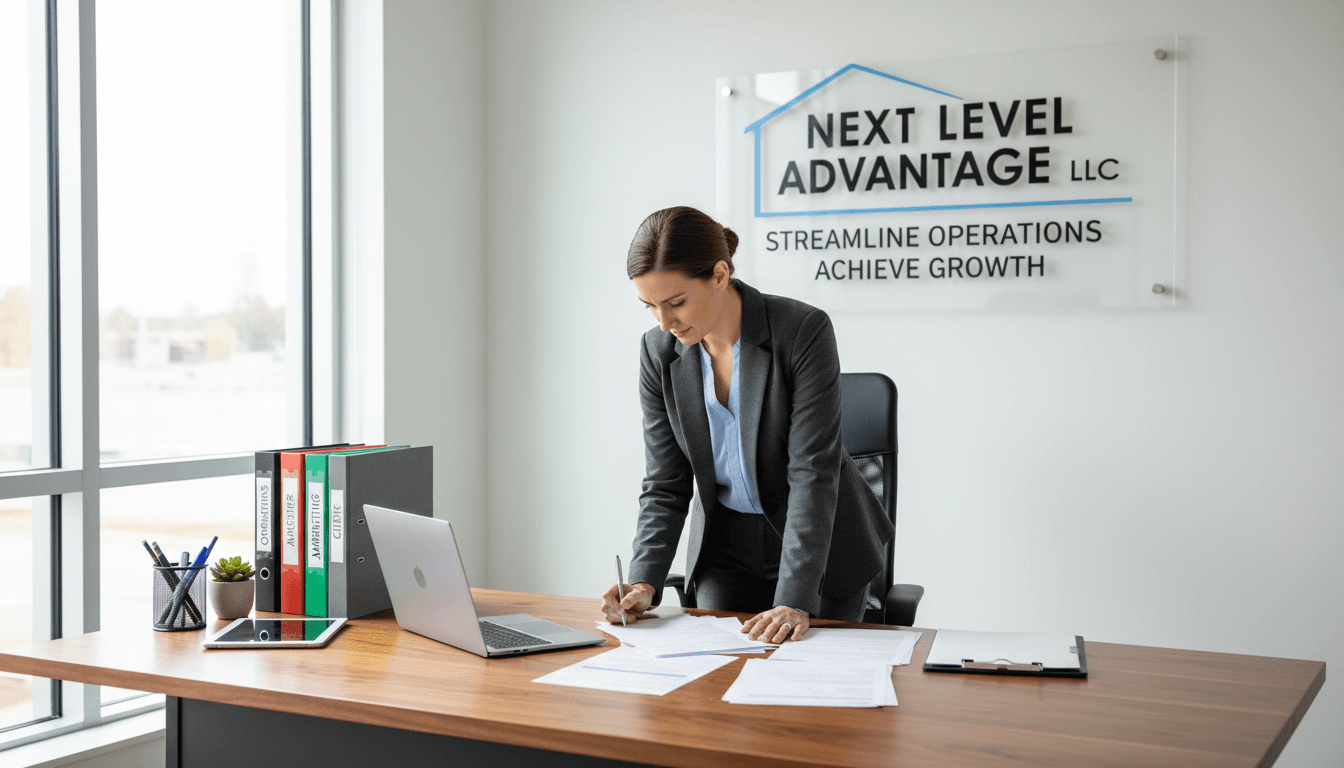 Agency owner focused on reviewing organized business systems in a modern office