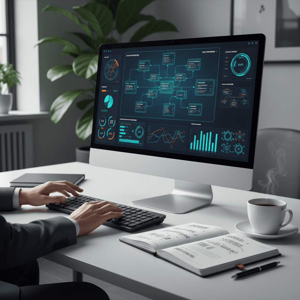 Consultant working at organized desk with systems and strategic planning tools visible